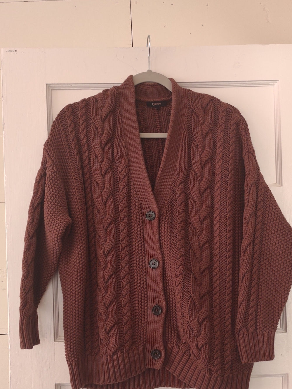 Quince Relaxed Fit Rust Brown Cable-Knit Button Cardigan 100% Cotton X-small